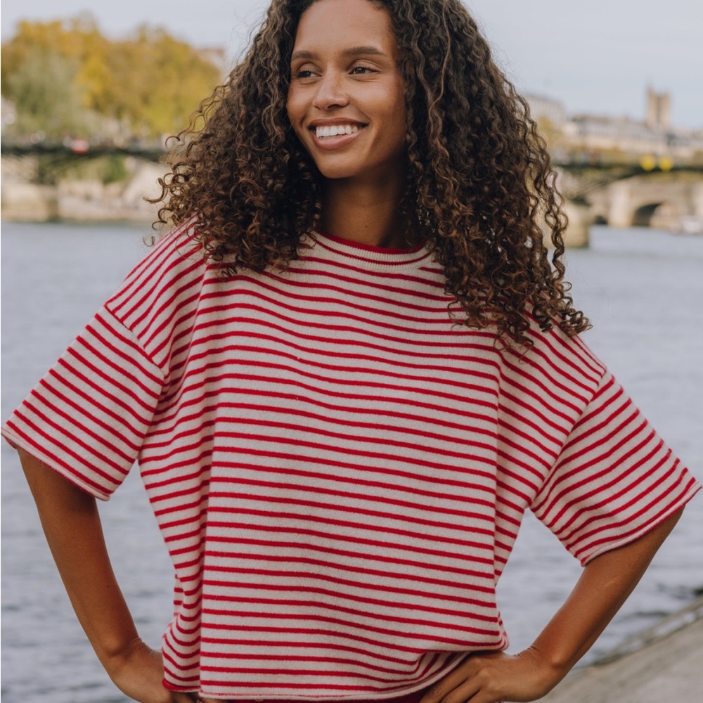 NWT Daily Drills Red + White Striped Cashmere Cropped Sleeve Crew XS/S